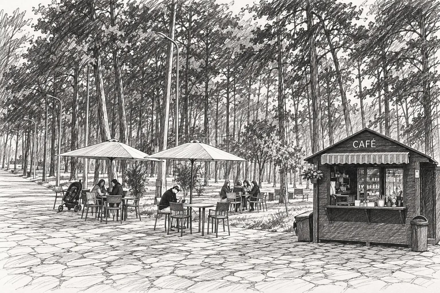 Illustration of the Serenata coffee kiosk, with tables and umbrellas under the pines of Prishtina City Park
